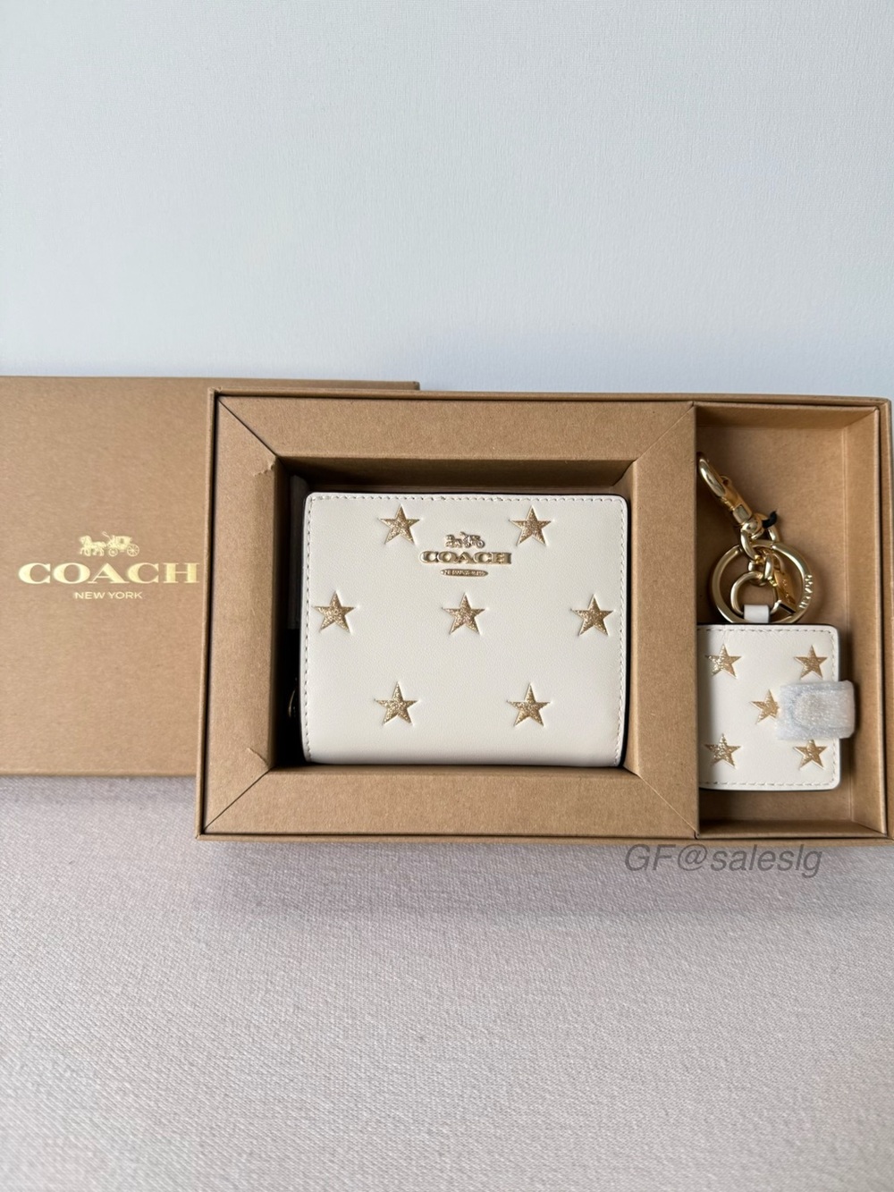 NWT Coach Boxed Snap Wallet & Picture Frame Bag Charm Star Print Chalk Gift Set